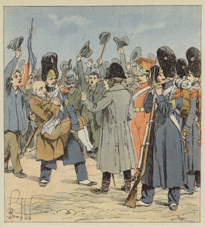 En grenadier fra øen Elba bringer sin ikke-årige far til Napoleon og bærer ham i sine arme. af after Louis Charles Bombled