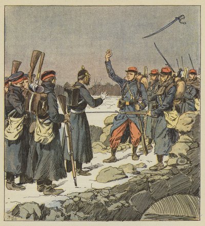 En tysk officer returnerer sit sværd til en fransk korporal, som kaster det for vinden af after Louis Charles Bombled