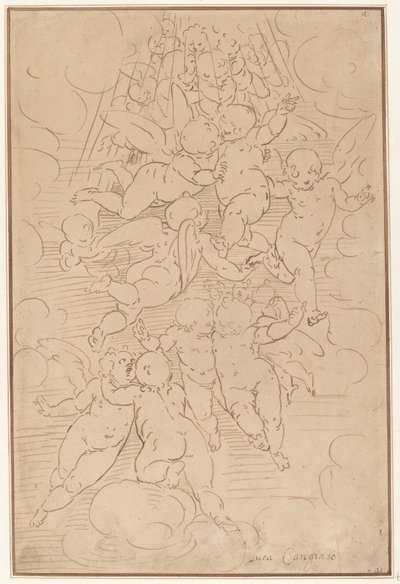 En gruppe engle i herlighed af after Luca Cambiaso Italian 17th Century