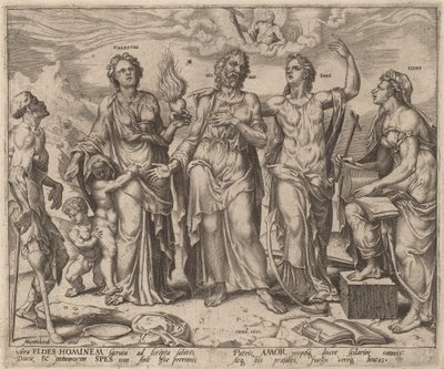 Mennesket assisteret af tro, håb og næstekærlighed af after Maerten van Heemskerck