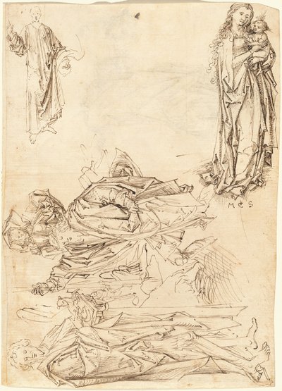 Sankt Christopher, Sankt Johannes Døberen, Jomfruen og Barnet og Kristi Velsignelse (recto) af after Martin Schongauer Master of the Drapery Studies