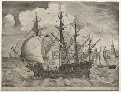 Sejlfartøjer: Bevæbnet fire-skibsfører ud på havet af after Pieter Bruegel