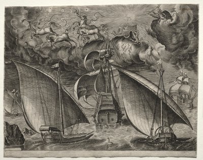 Sejlfartøjer: To galejer, der sejler bag en bevæbnet tre-mester med Phaeton og Jupiter i himlen af after Pieter Bruegel