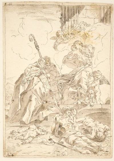 Madonnaen og barnet viser sig for to mandlige helgener under et pestudbrud af after Pietro Testa