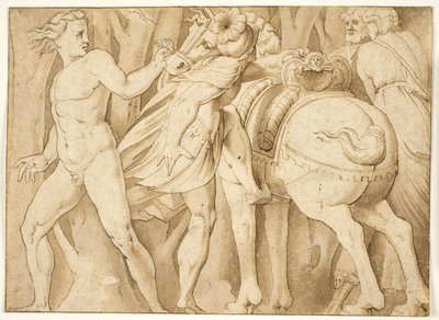 Scene fra romersk historie? En mand, der går op på en hest, holdt af en nøgen mand af after Polidoro da Caravaggio