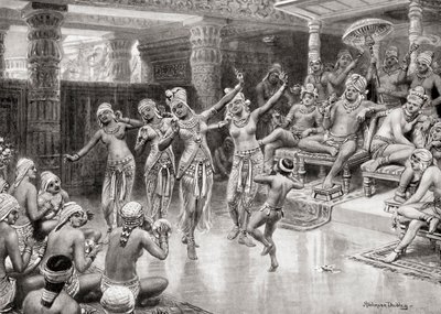 Et kunstnerindtryk fra det 19. århundrede af Gautamiputra Satakarani, der fejrer sin sejr over Nahapana, fra Hutchinsons History of the Nations, pub.1915 af after Robert Dudley