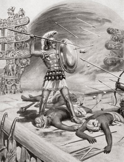 Alexander den Store kæmpede mod Assacani ved den befæstede by Massaga, Indien under hans indiske kampagne i 326BC, fra Hutchinsons History of the Nations, pub.1915 af after Robert Dudley