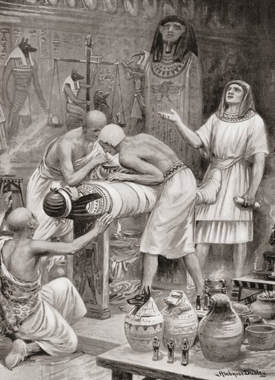 Balsamering af en krop i det gamle Egypten, fra Hutchinsons History of the Nations, pub.1915 af after Robert Dudley