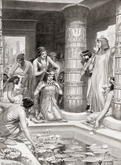 Gæster, der ankom til middag i det gamle Egypten, fik vand til at vaske deres fødder og hænder, blev smurt med velduftende olie og kronet med blomsterkranser, fra Hutchinsons History of the Nations, pub af after Robert Dudley