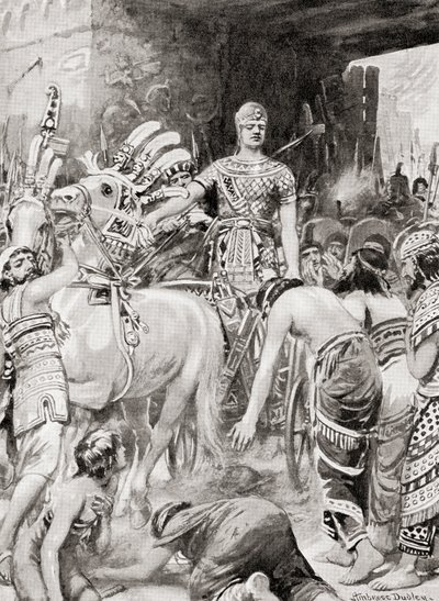 Psamtik I af Egypten går ind i byen Azotus eller Ashdod, fra Hutchinsons History of the Nations, udgivet i 1915. af after Robert Dudley