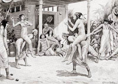 Unge piger, der spiller bold i form af en dans i det gamle Egypten, fra Hutchinsons History of the Nations, pub.1915 af after Robert Dudley
