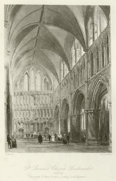 St Savios Church, Southwark, 1850, i oldtiden St Mary Overyes, med udsigt mod sydøst af after Thomas Allom