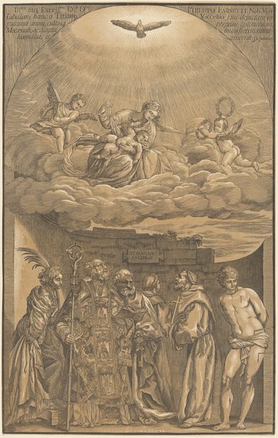 Jomfruen og barnet i skyerne med seks hellige af after Titian John Baptist Jackson