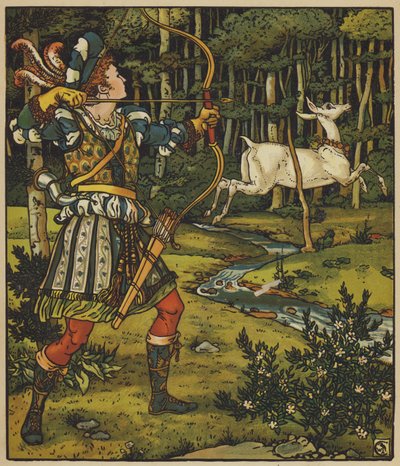 Prins Guerrier forfølger hinden i skoven af after Walter Crane