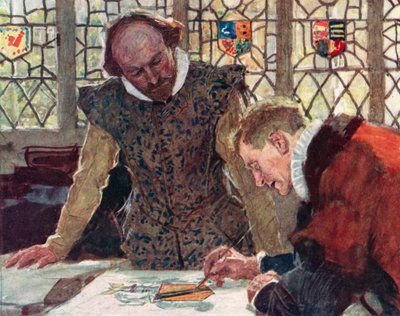 Shakespeare på Heralds College på Pauls Wharf Hill for at diskutere sin fars våbenskjold af after William Hatherell