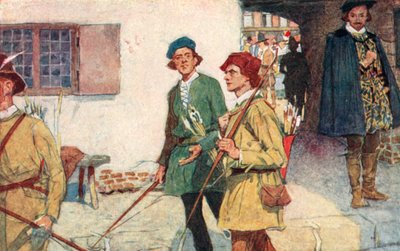 Shakespeare ser en gruppe lærlinge med deres buer og pile gå til bueskydningsbanen ved Moorfields, London af after William Hatherell