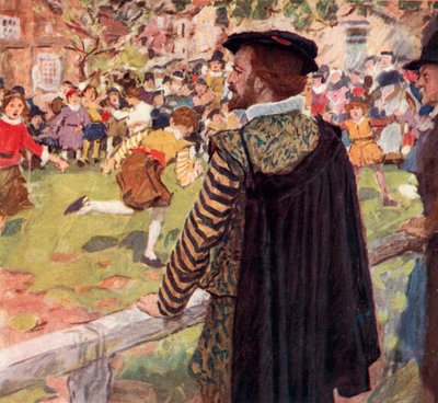 Shakespeare ser drenge og piger spille Prisoners Base nær Temple Bar, London af after William Hatherell