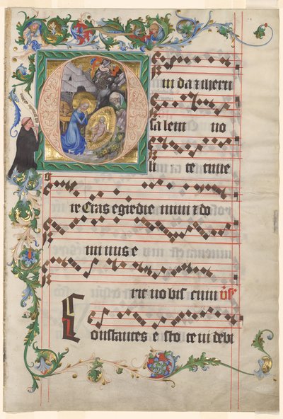 Bifolio fra et antifonarium: Historikeret initial O med fødselaren af after a work attributed to Zhou Wenju