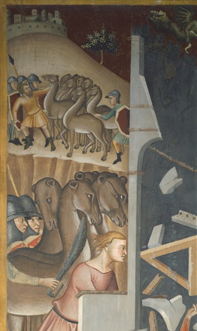 Scene fra Det Gamle Testamente: Ødelæggelsen af Jobs hus og tyveriet af hans flok af saberne af also Manfredi de Battilori Bartolo di Fredi
