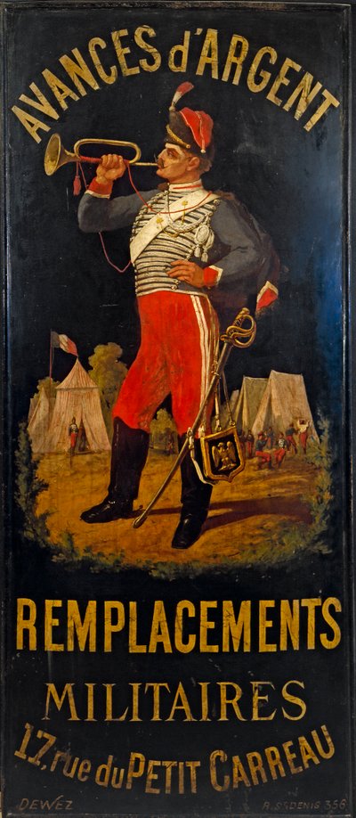 Fransk: Au hussard. Skilt til militært erstatningskontor. 17 rue des Petits-Carreaux, 11. arrondissement, Paris af anonymous 