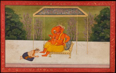 "Indra tilbeder den elefanthovedede gud Ganesha, der sidder på en trone." Folio fra Tehri Garhwal-serien af Gita Govinda af anonymous 