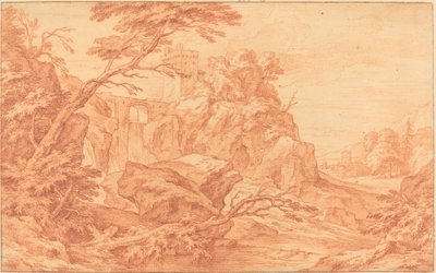 Et klippelandskab med et stentårn og et vandfald af attributed to Adriaen Frans Boudewyns