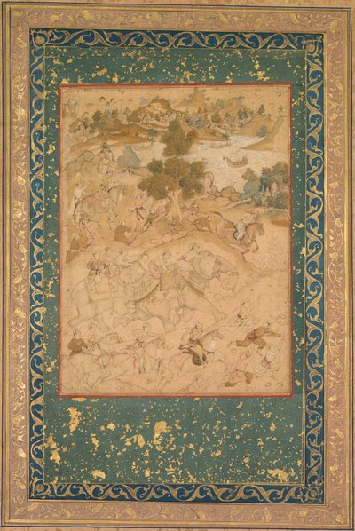 Akbar overvåger fangsten af vilde elefanter ved Malwa i 1564 og maler 90 fra en Akbar-nama (bog om Akbar) fra Abu
