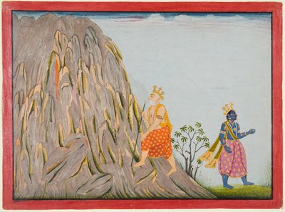 Kong Muchukunda går ind i Gandhamadana-bjergets rige for at opnå frelse, fra den "femte Basohli Bhagavata Purana" af attributed to Fattu