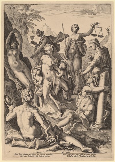 De syv dyder af attributed to Jacob Matham, after Hendrik Goltzius