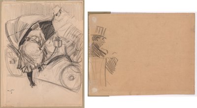 Kvinde på vej ind i en fiacre (recto); Højre profil af mand iført høj hat (verso) af attributed to Jean Louis Forain