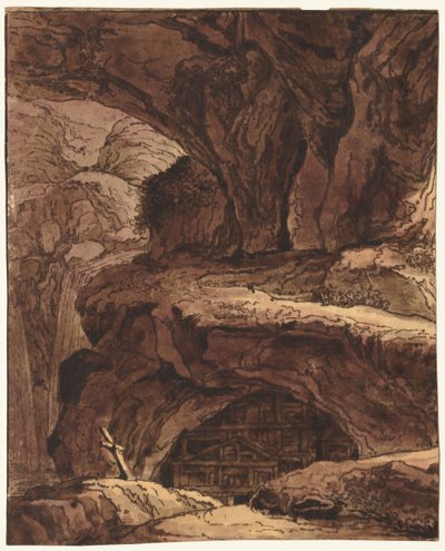 Klippelandskab med et hulekapel af attributed to Johann Martin von Rohoden