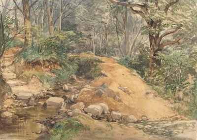 Skovscene med en sti over en å af attributed to John Middleton