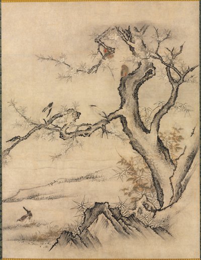 Blomster og fugle i et forårslandskab af attributed to Kano Motonobu