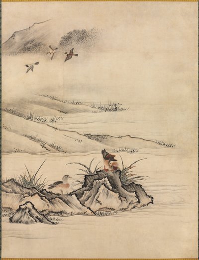 Blomster og fugle i et forårslandskab af attributed to Kano Motonobu