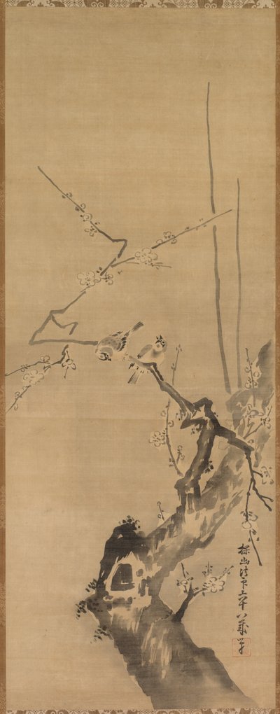 Spurve på blomstrende blomme af attributed to Kano Tan’yū