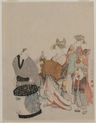 Kurtisane i byen med ledsagere om natten af attributed to Kubo Shunman