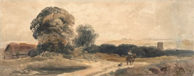 En landevej med rejsende til hest af attributed to Peter DeWint