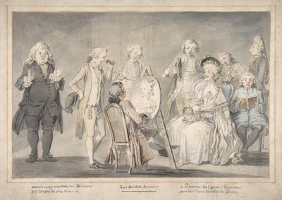 Satirisk tegning: Kunstner maler en gammel dames portræt, 1729-1804. af attributed to Pietro Antonio Novelli.