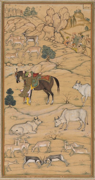 Akbar sætter op på sin hest; side fra Chester Beatty Akbar Nama (Akbars historie) af attributed to Sur Das Gujarati