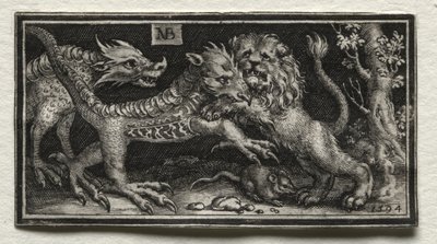 Løve kæmper mod to bæster af attributed to Tobias Stimmer