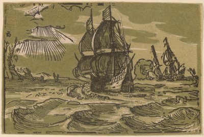 To tremesterskibe ud for en kystlinje af attributed to workshop of Willem Jansz. Blaeu