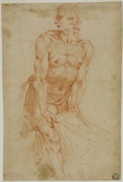 Mand trækker i et lagen: Studie til gravlæggelsen [Sakristiet i Certosa di San Martino, Napoli, 1596]. af called Cavaliere d