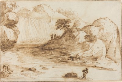 Landskab med et vandfald af called Guercino Giovanni Francesco Barbieri