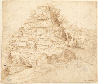 En landsby beliggende ved foden af en bakke (recto) af circle of Giorgione