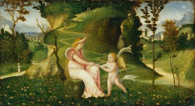 Venus og Amor i et Landskab af circle of Giorgione