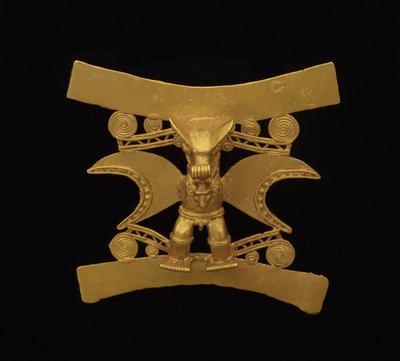 Vedhæng, der forestiller en figur med flagermus-lignende maske, sen periode V - periode VI, ca. 700-1550 (guld) af culture Diquis