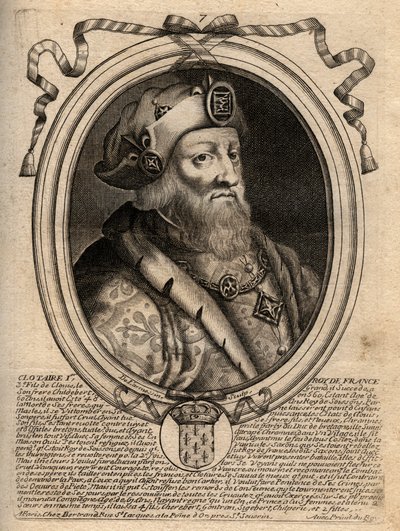 Portræt af Clotaire (Clothaire) I (497 - 561), konge af Neustrien og konge af frankerne - Clothar I, konge af frankerne - gravering fra 