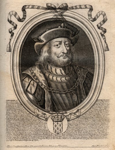 Portræt af Chilperic I (539 - 584), konge af Neustrien - Chilperic I, Merovingerkonge af Frankrig - gravering fra 