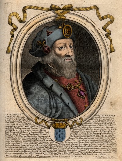 Portræt af Clotaire (Clothaire) I (497-561), konge af Neustrien og konge af frankerne - Clothar I, konge af frankerne - gravering fra 