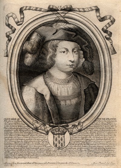 Portræt af Clothaire III (652 - 673), konge af Neustrien og Bourgogne - Chlothar III eller Clotaire III, konge af frankerne fra Merovingernes hus - gravering fra 
